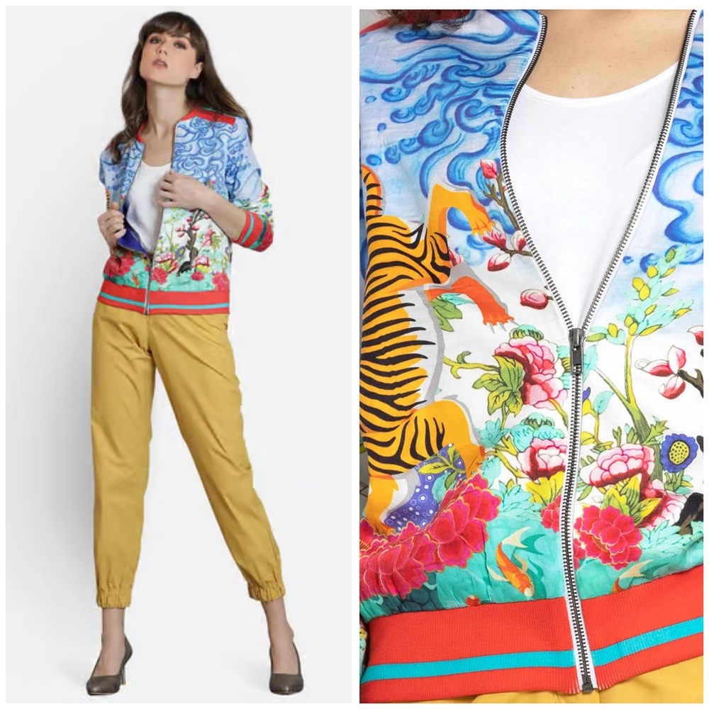 Benares Floral Tiger Bomber Jacket Size L EUC